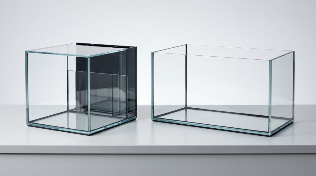 Two 20-gallon all-in-one reef tank options showing cube and long formats side by side