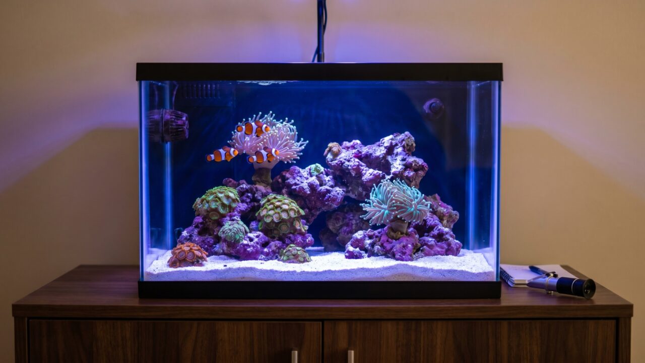 Thriving 20-gallon all-in-one reef tank with clownfish, hammer coral, and zoanthids