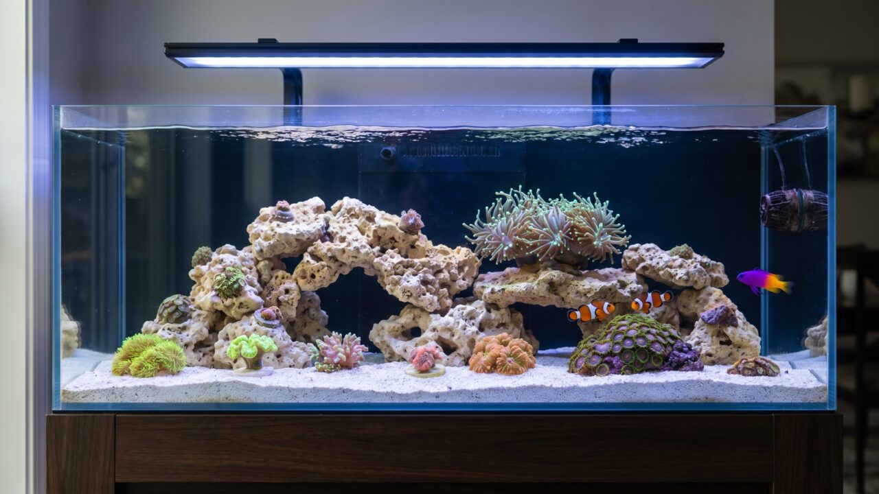 established 40-gallon breeder reef tank with clownfish, royal gramma, and mixed coral aquascape