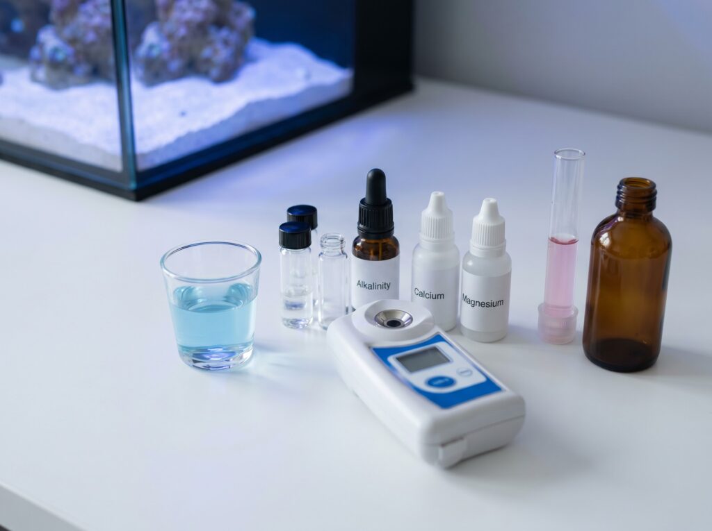 reef tank water test kits and refractometer for checking alkalinity, calcium, and salinity