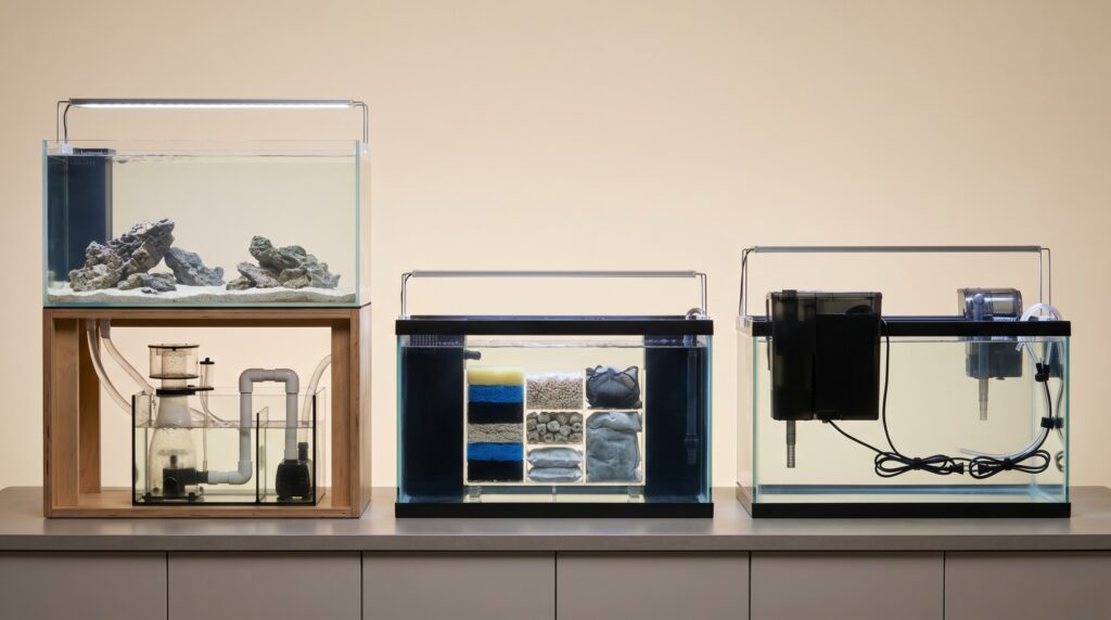 three 40-gallon breeder reef tank filtration configurations showing sump, AIO kit, and hang-on options
