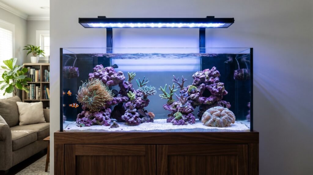 75-gallon reef tank on a cabinet stand against a living room wall with diverse coral growth