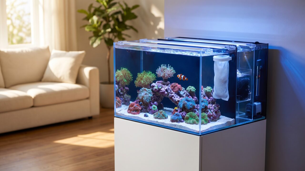 All-in-one reef tank showing rear filtration chambers and coral display from a three-quarter angle