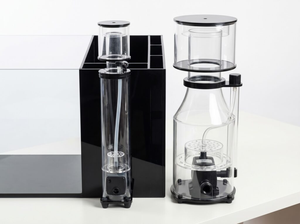 Compact AIO protein skimmer fitted in rear chamber next to a wider sump skimmer showing size difference