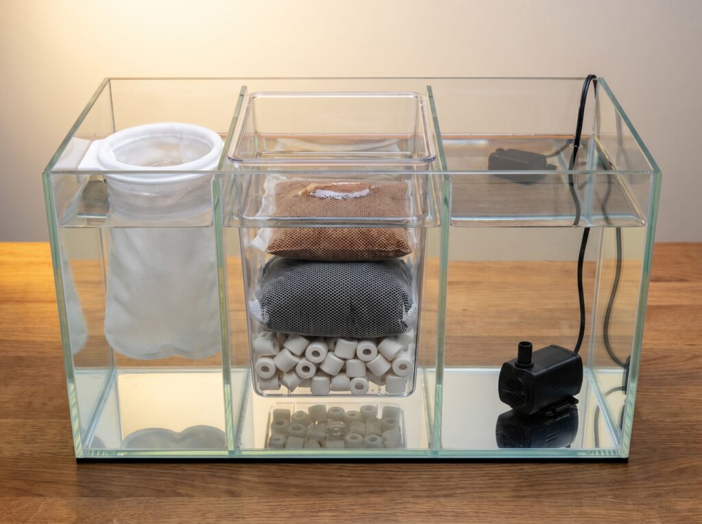 AIO reef tank rear chambers during setup showing filter sock, layered media basket, and return pump