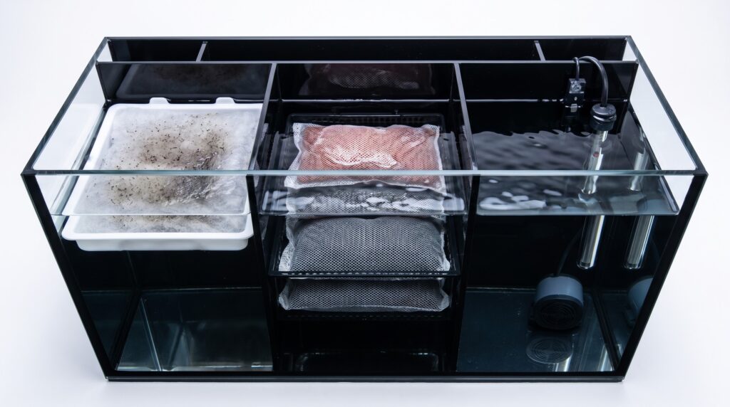 All-in-one reef tank rear chambers from above showing filter floss, media basket, and return pump