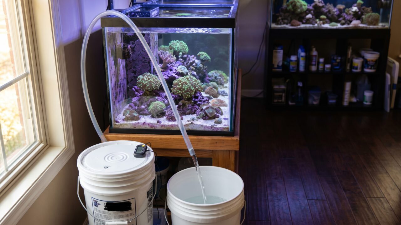 reef tank water change in progress with siphon tube and collection bucket