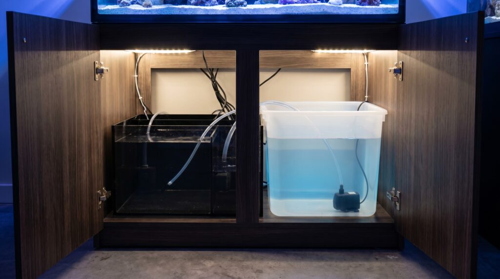 ATO freshwater reservoir with pump and tubing inside reef tank equipment cabinet