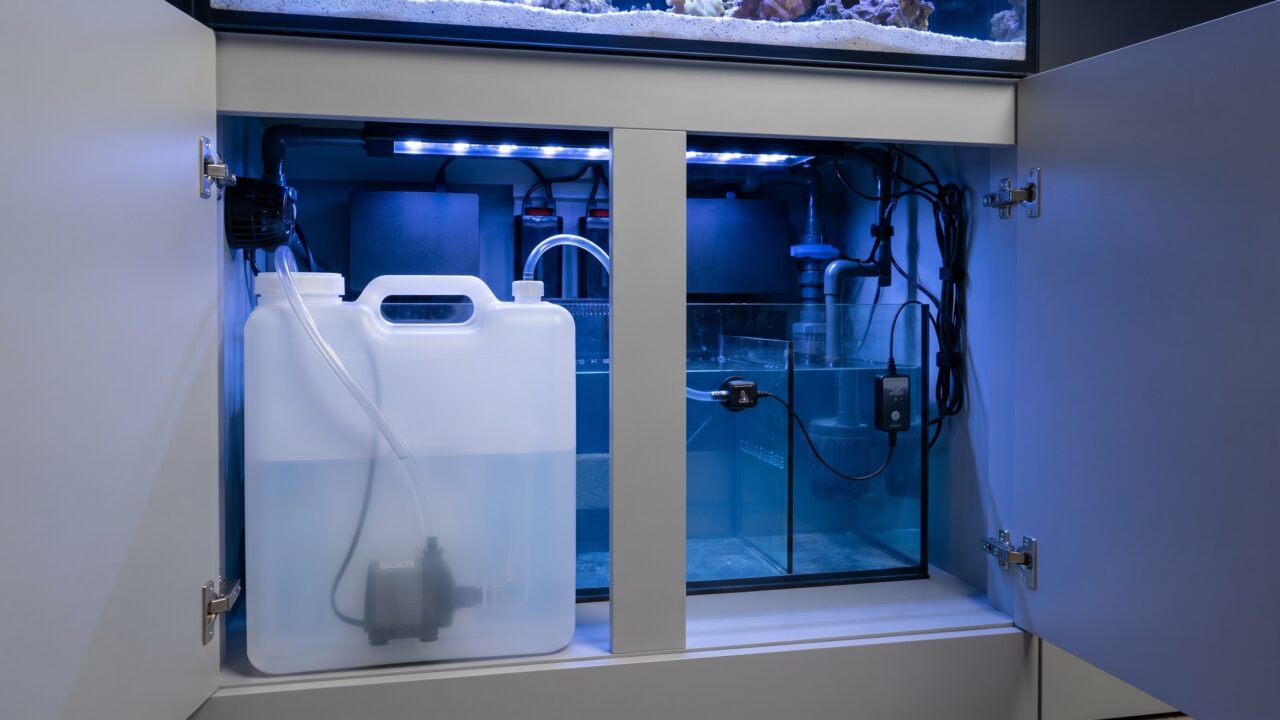 ATO auto top-off system with optical sensor mounted in sump and freshwater reservoir
