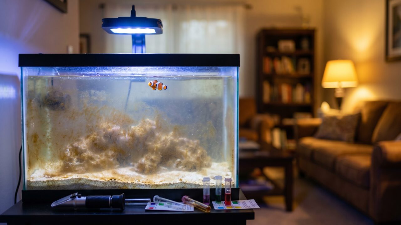 stressed clownfish in a new reef tank coated with brown diatoms, common beginner reef tank mistakes visible