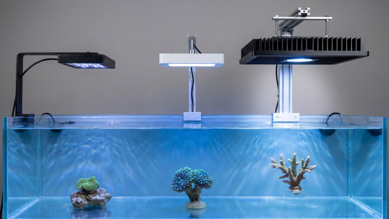 Three reef LED fixtures of different tiers mounted above a saltwater aquarium for comparison