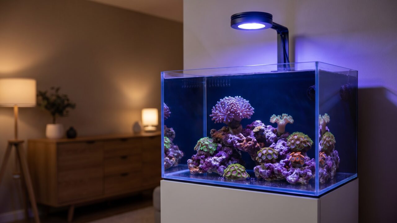 compact LED light over a nano reef tank with hammer coral and zoanthids glowing blue
