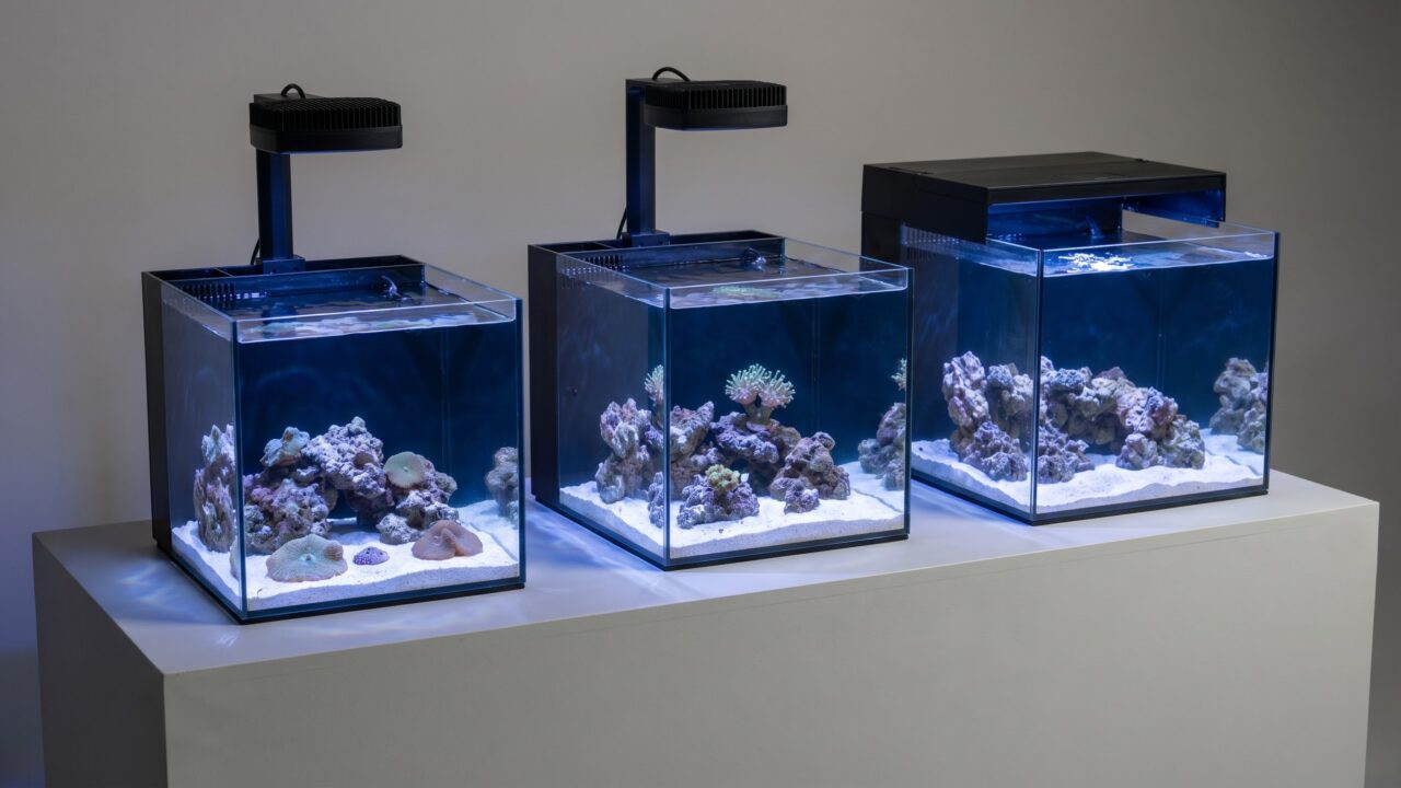 three small all-in-one reef tanks side by side showing beginner AIO options at 20-32 gallons