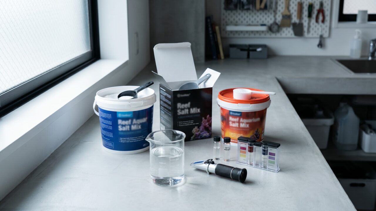 Several reef salt mix buckets with testing equipment showing parameters for comparison