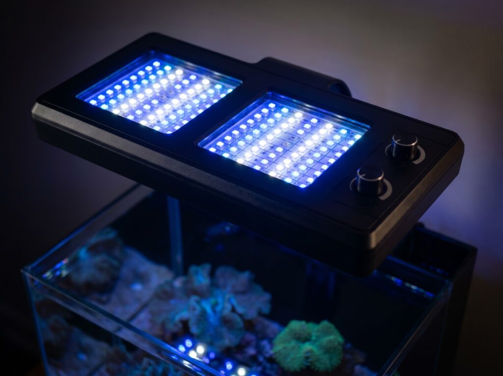 Budget black-box reef LED showing dual-channel dimmer controls above a soft coral tank