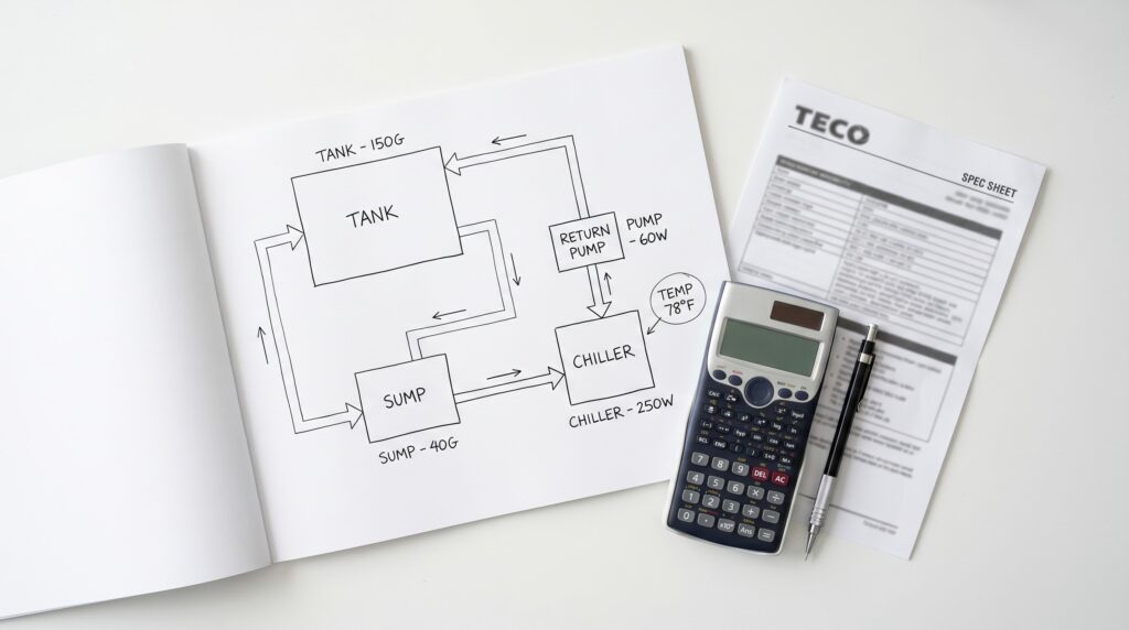 Hand-drawn reef aquarium cooling diagram with wattage notes and chiller sizing sketch