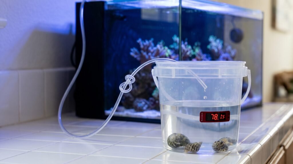 Drip acclimation setup with airline tubing dripping reef tank water into a bucket holding snails