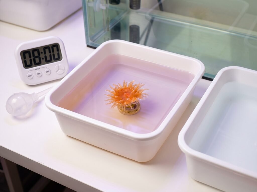 coral frag in a dip solution tray with a timer during quarantine treatment