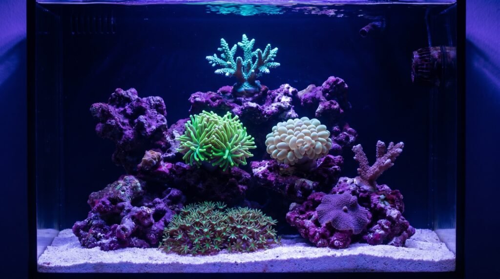 Mixed reef tank showing soft corals at bottom, LPS midtank, and SPS near surface