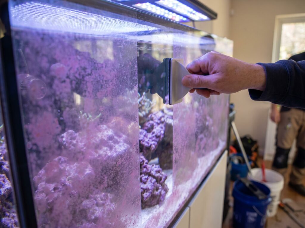 aquarium scraper removing coralline algae from reef tank front glass panel