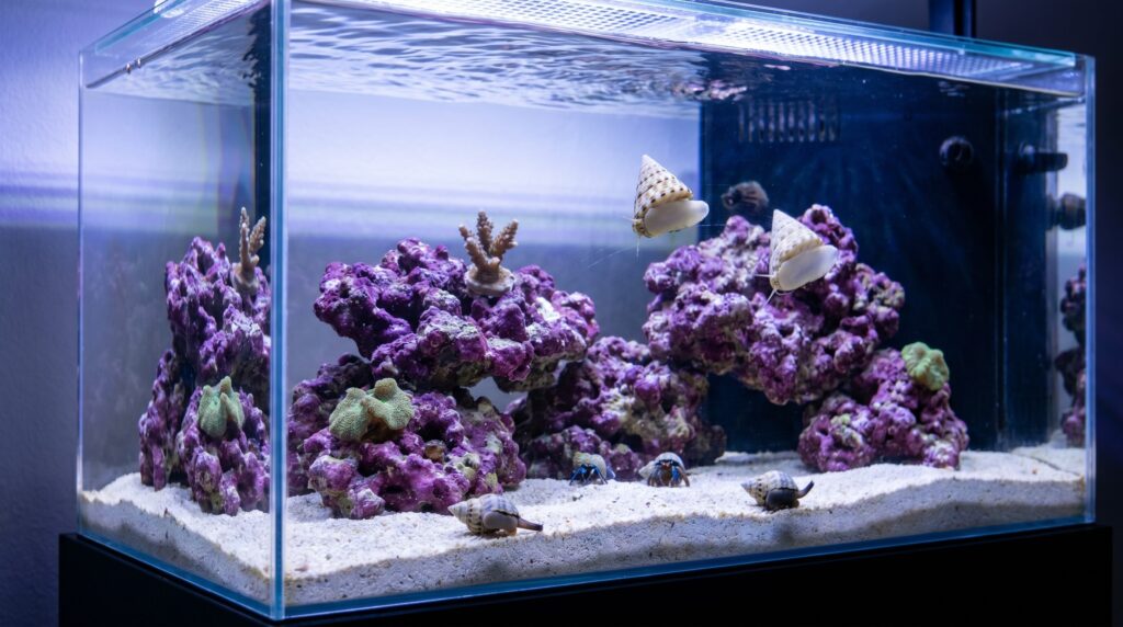 A correctly stocked 20-gallon reef tank with Trochus snails and hermit crabs across rock and sand