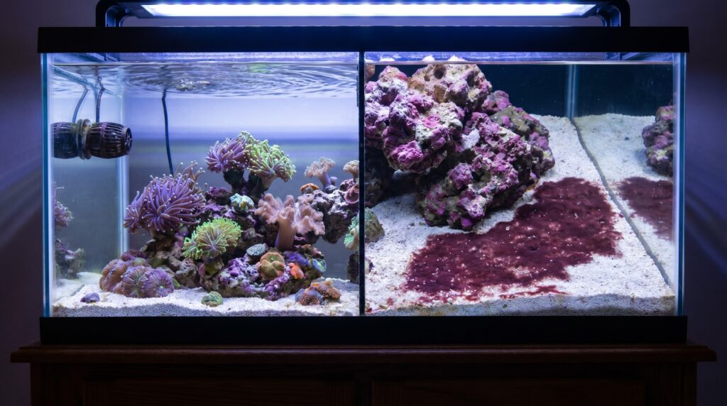 Reef aquarium dead-zone corner with cyanobacteria growth versus clean circulated sandbed