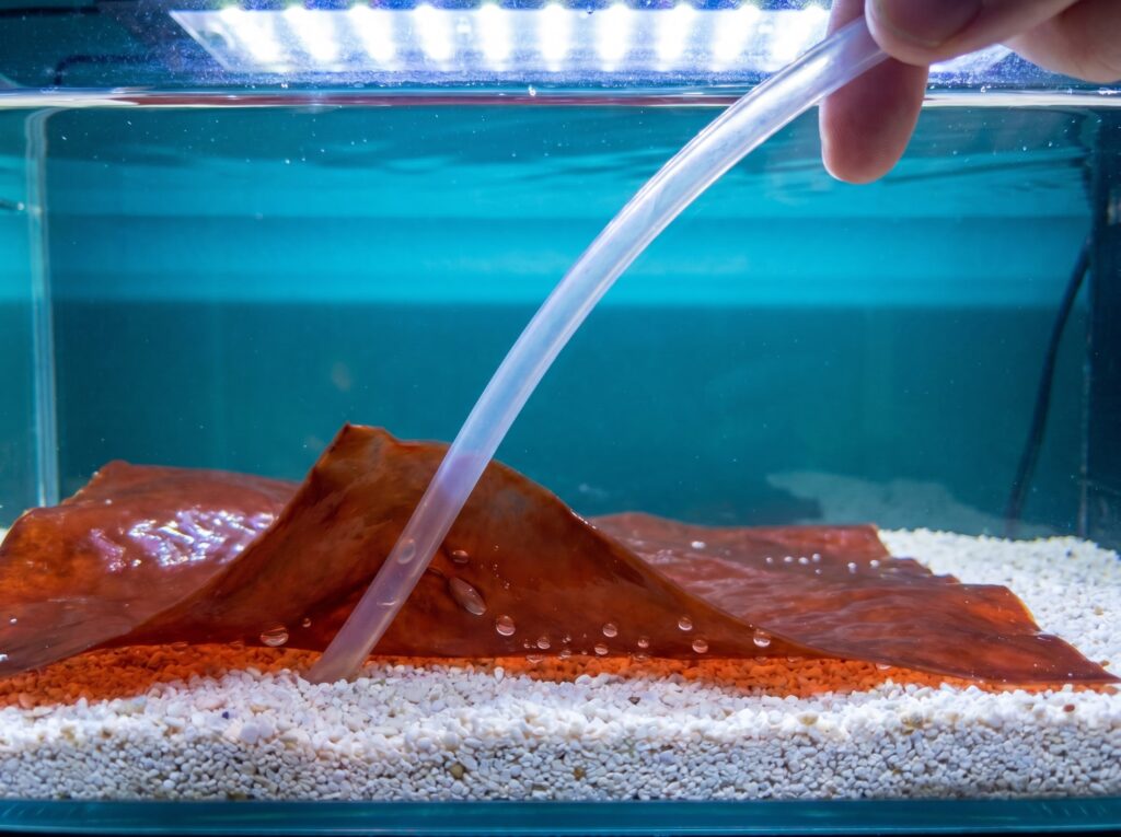 Airline tubing siphoning cyanobacteria red slime sheet off reef aquarium sandbed