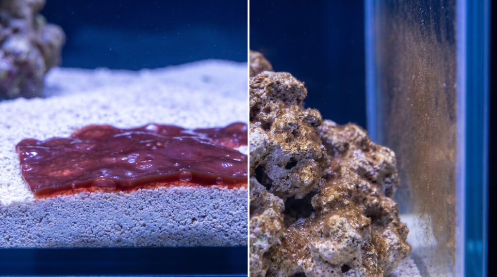 Close comparison of cyanobacteria red slime sheet versus powdery brown diatoms on reef substrate