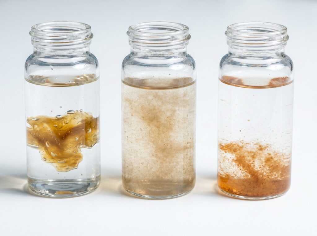 three vials comparing dinoflagellate mat clump, thin film, and diatom dust samples
