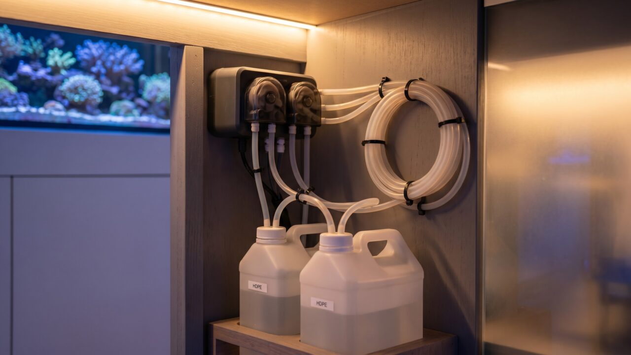 four-channel reef tank dosing pump with labeled silicone tubing lines and dosing containers