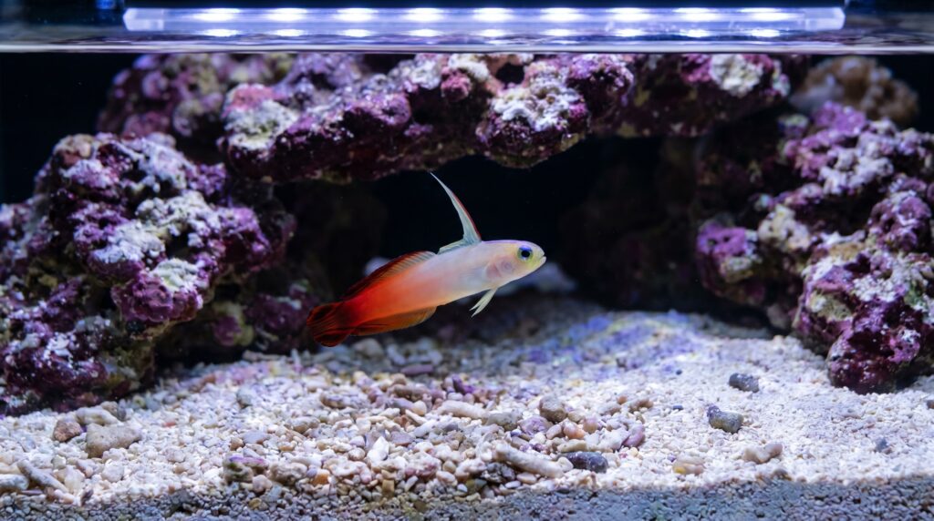 Firefish goby hovering above sandy substrate near a rock overhang in a reef tank