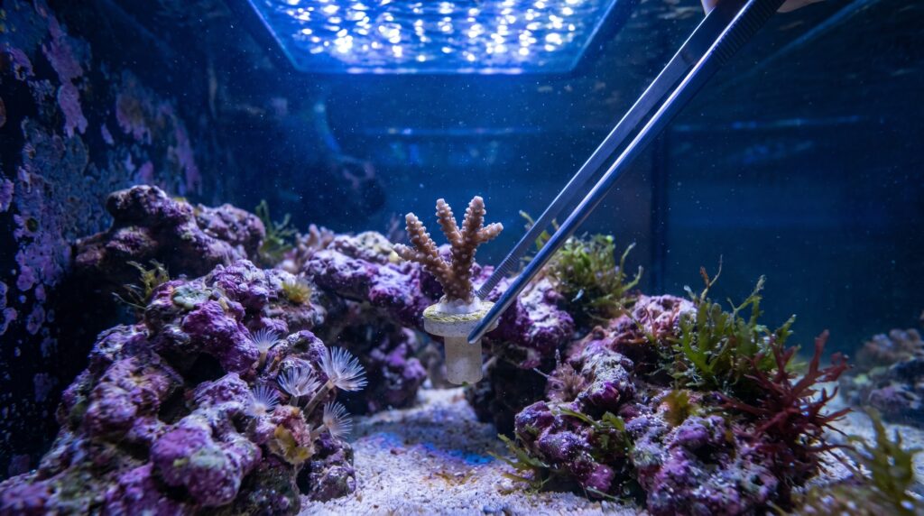 Coral frag being placed into an established FOWLR tank upgrading to a reef system
