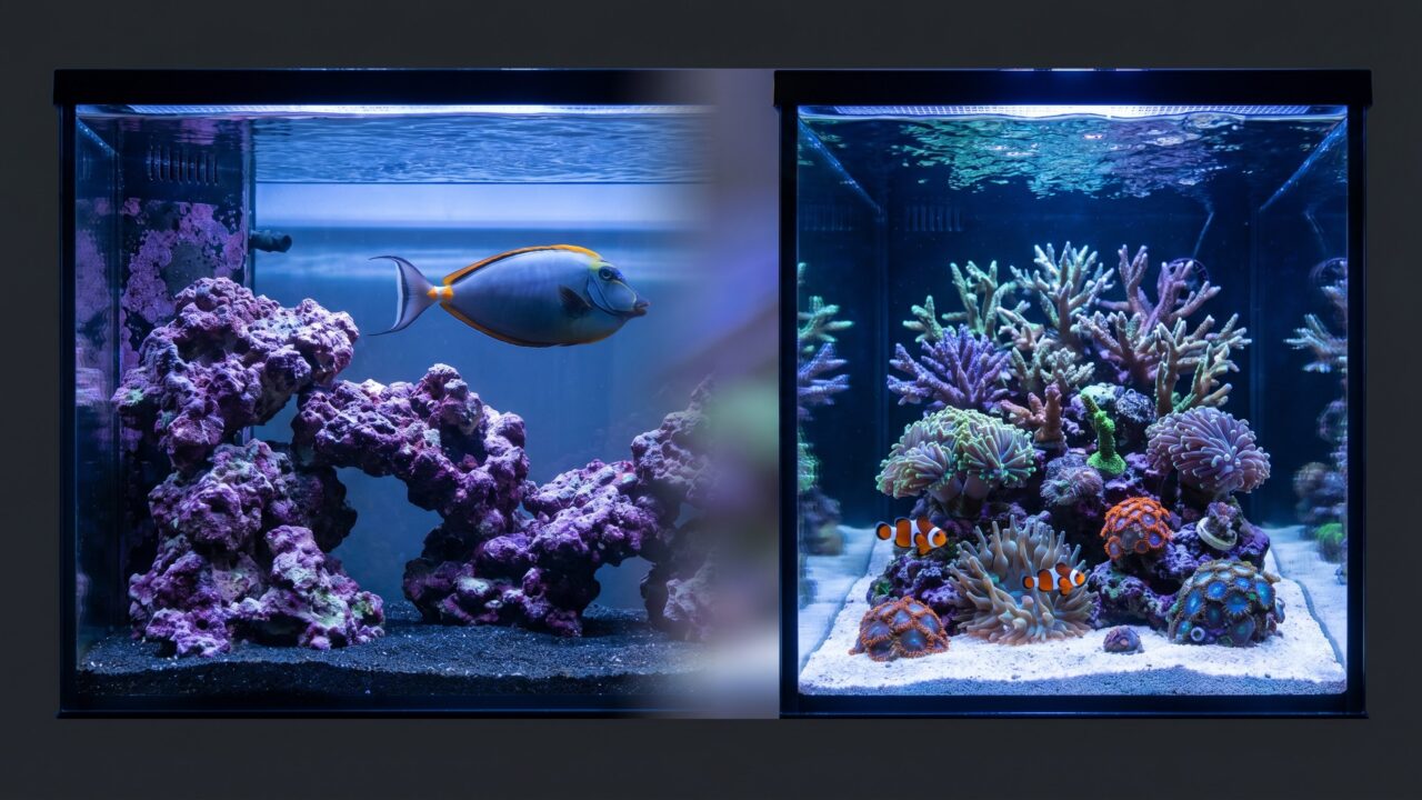 FOWLR aquarium with large angelfish next to a full reef tank with SPS corals