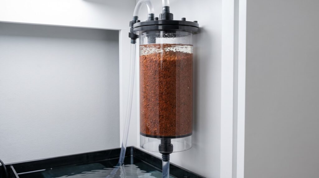 GFO media reactor filled with reddish granular ferric oxide for phosphate removal