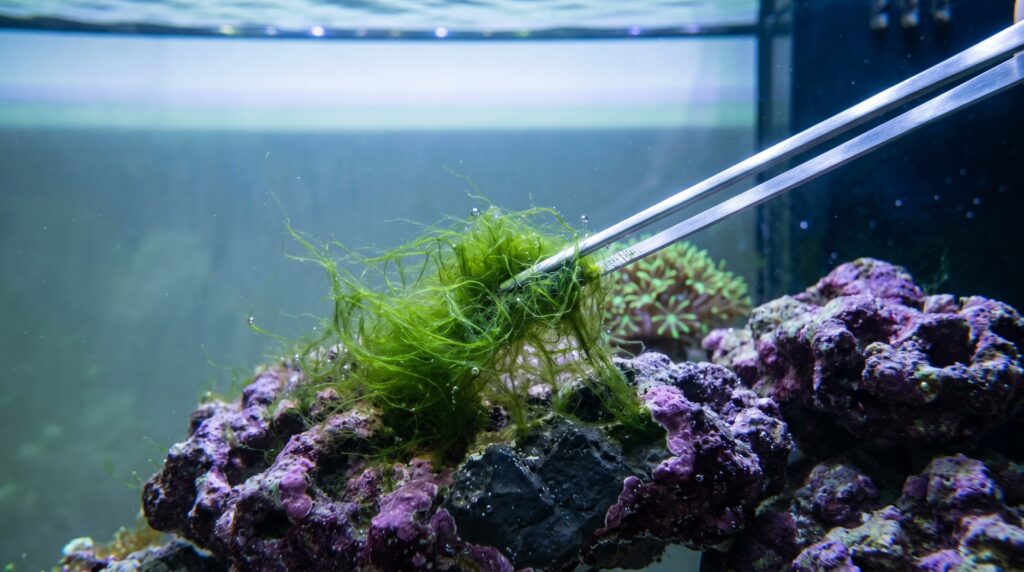 Aquascaping tweezers pulling green hair algae off live rock in a reef aquarium