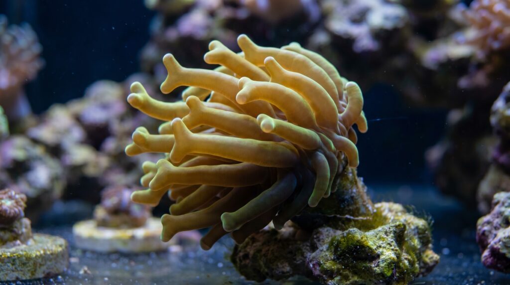 Hammer coral Euphyllia ancora showing fully extended golden-green hammer-tipped tentacles in a reef tank