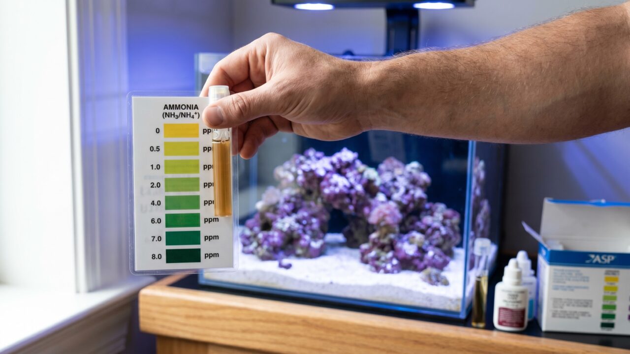 Hand holding ammonia test tube over a cycling reef tank with color comparison card