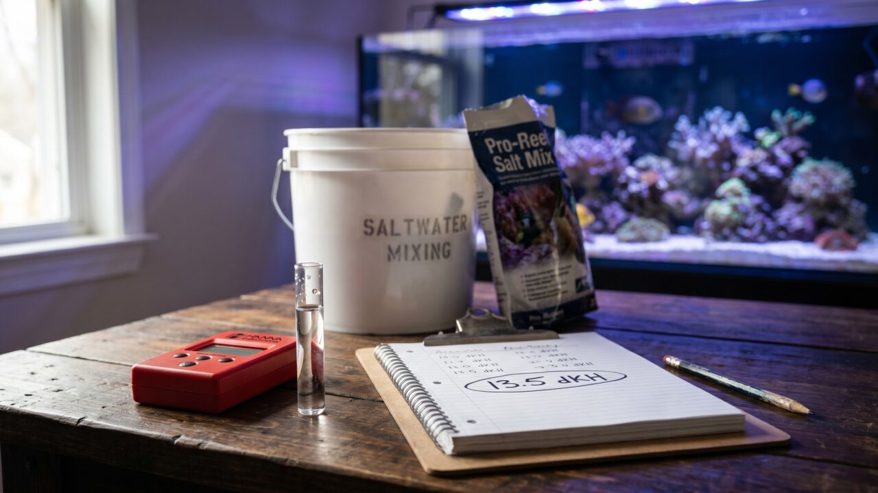 alkalinity test kit and saltwater mixing bucket beside a reef tank showing elevated dKH reading