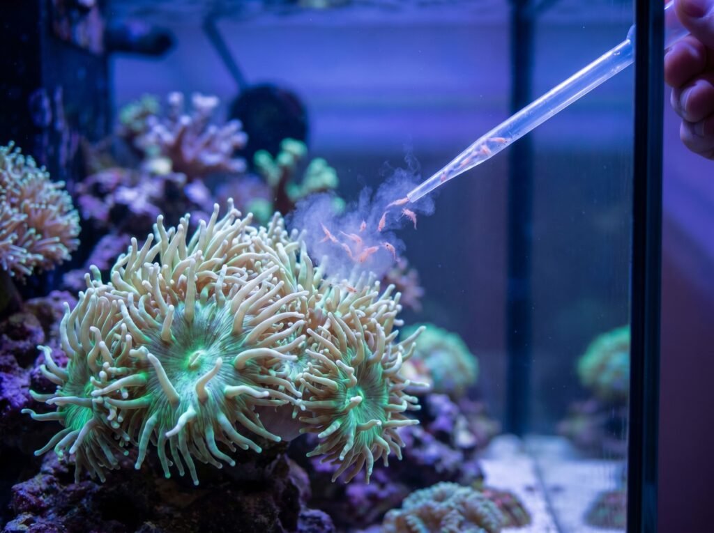 target feeding a Duncan coral colony with Mysis shrimp from a baster