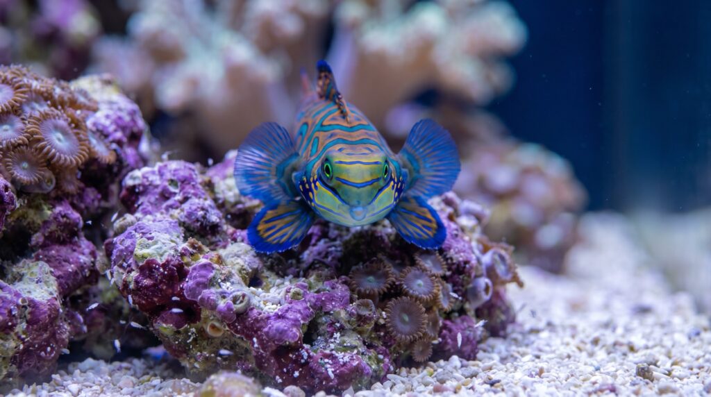Mandarin dragonet on live rock showing complex colouration and copepod-dependent diet