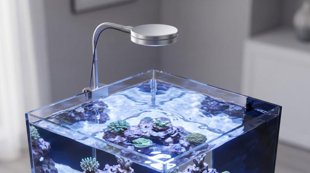 adjustable arm mounting a compact LED puck over a rimless nano reef tank