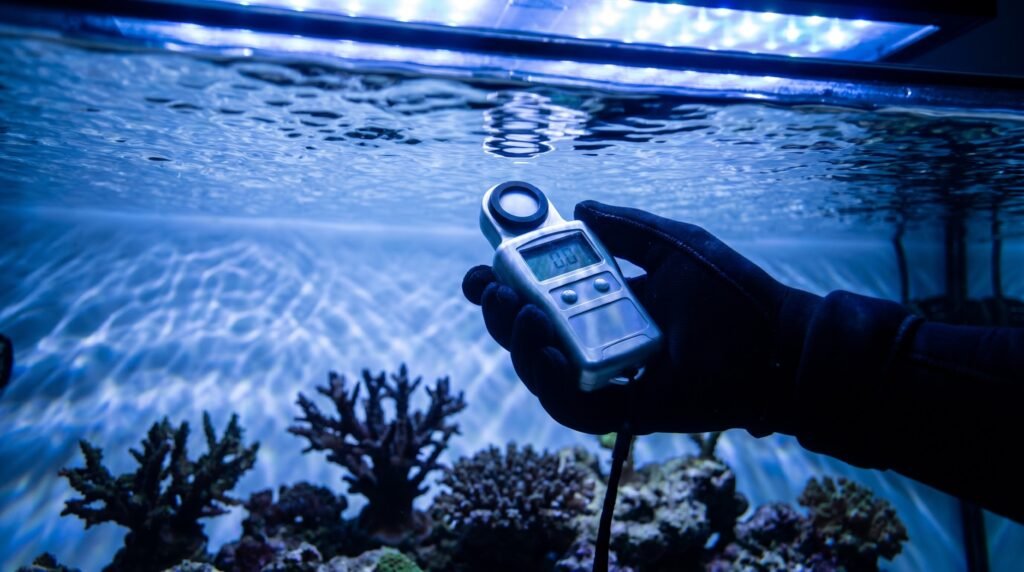 Aquarium PAR meter submerged in reef tank measuring light intensity below LED fixture
