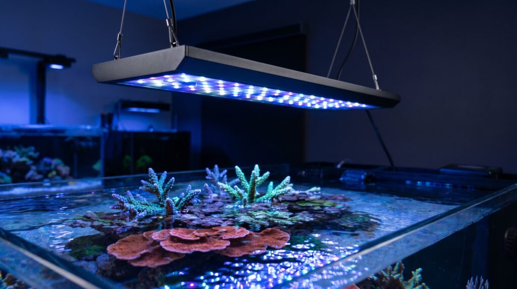 Premium wide-spread reef LED fixture above a 75-gallon SPS tank with Acropora corals