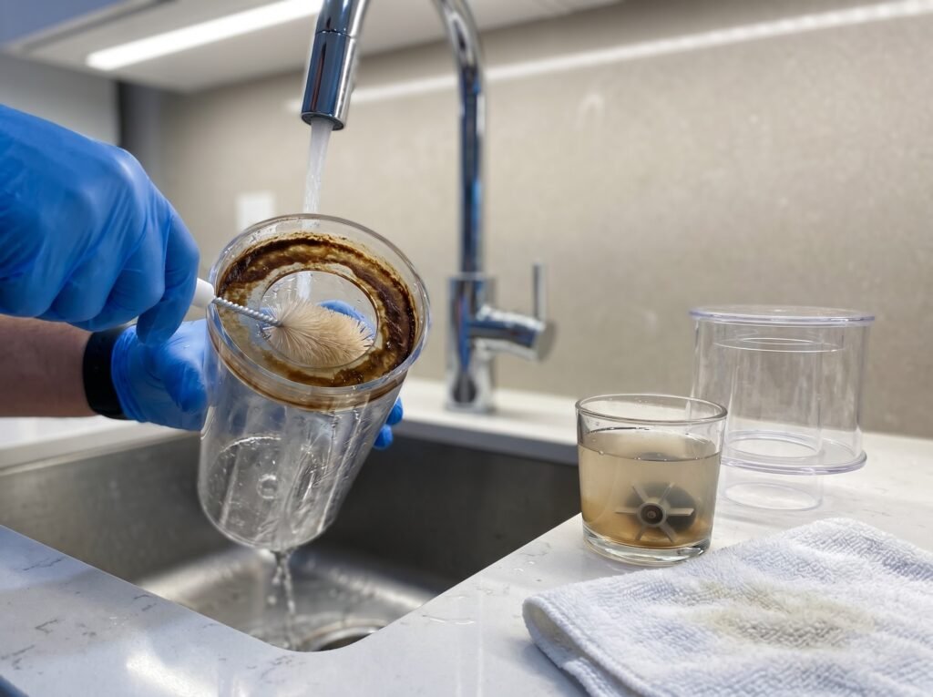 protein skimmer collection cup being cleaned under running water with skimmate stain visible