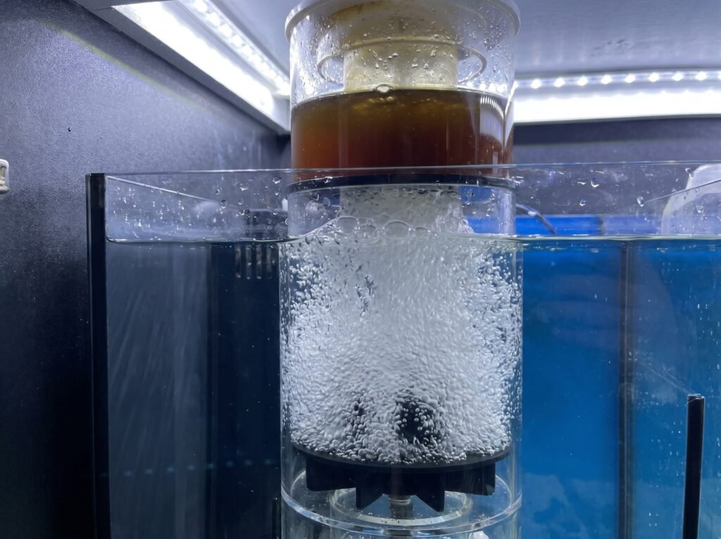 protein skimmer reaction chamber showing fine bubble mass and dark collection cup with skimmate