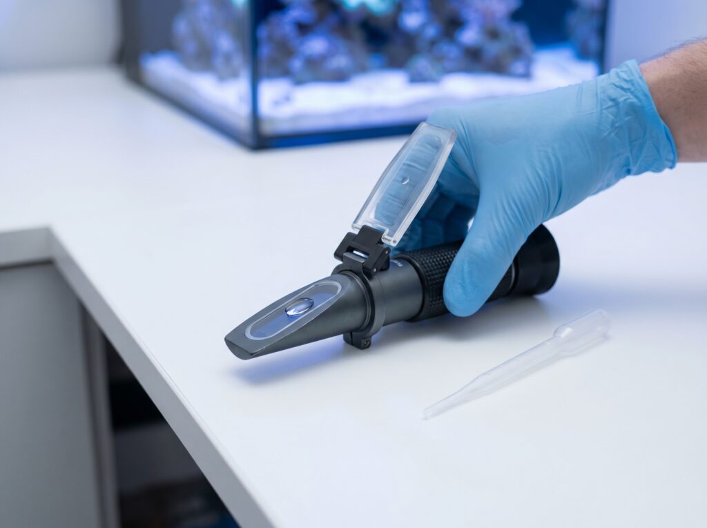 seawater refractometer with sample drop ready to check reef aquarium salinity