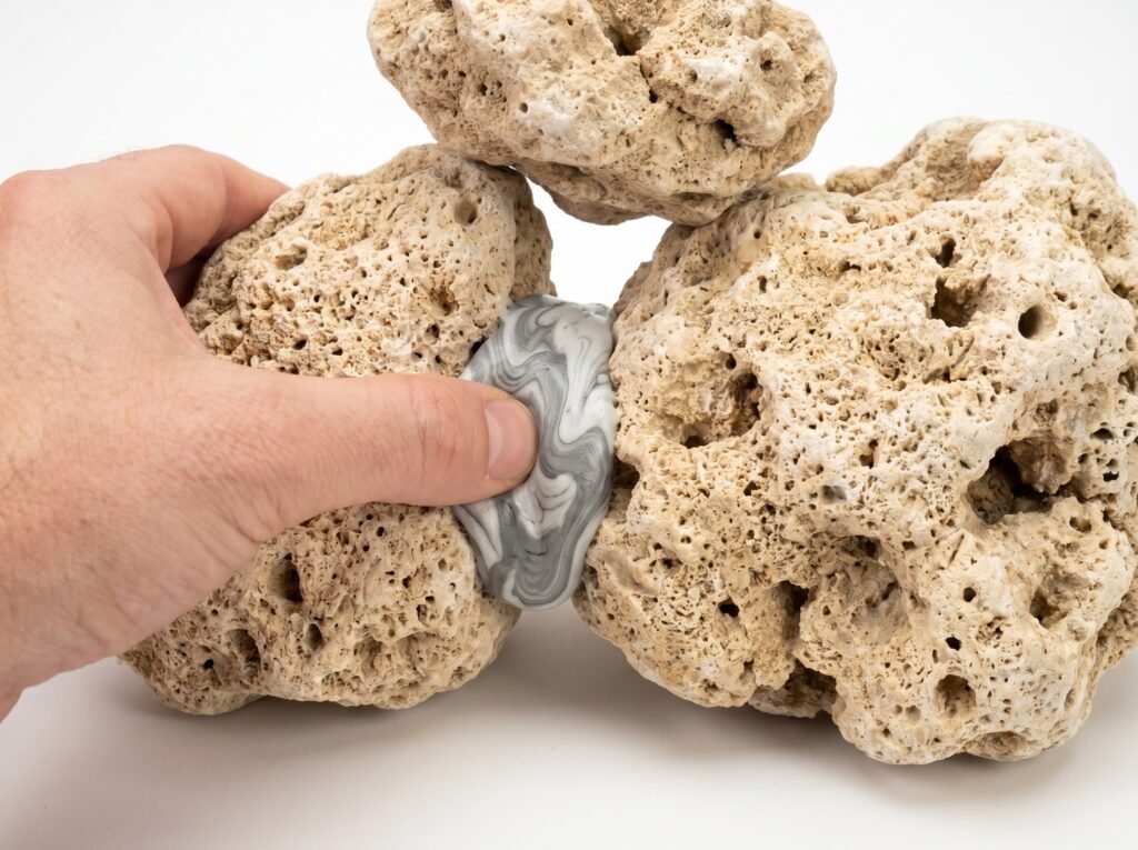 two-part epoxy putty bonding base rocks for a stable reef aquascape