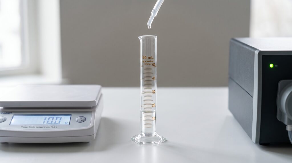 dosing pump calibration with graduated cylinder and scale measuring exact liquid volume output
