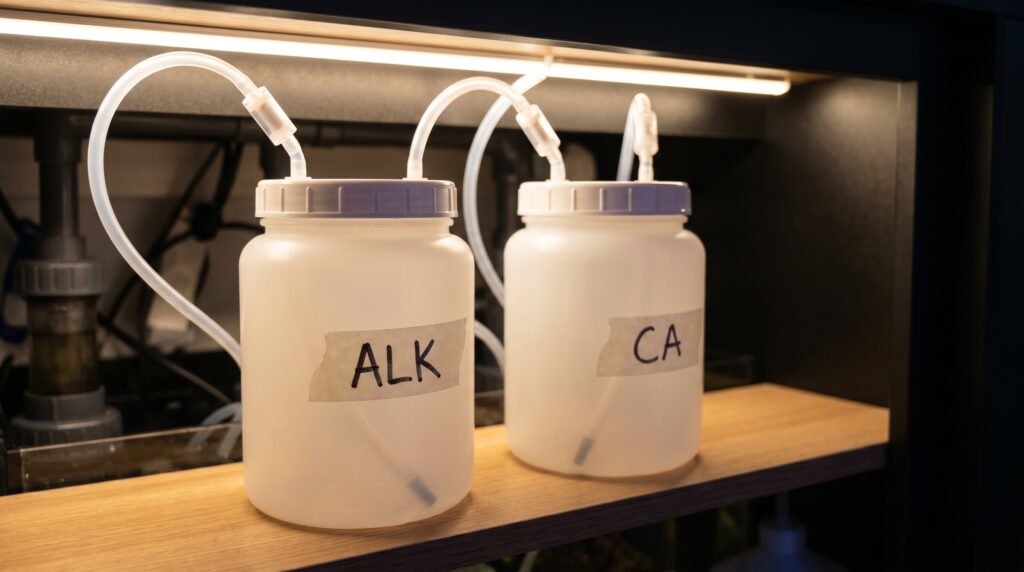 two separated reef dosing containers labeled ALK and CA with check valves on silicone tubing