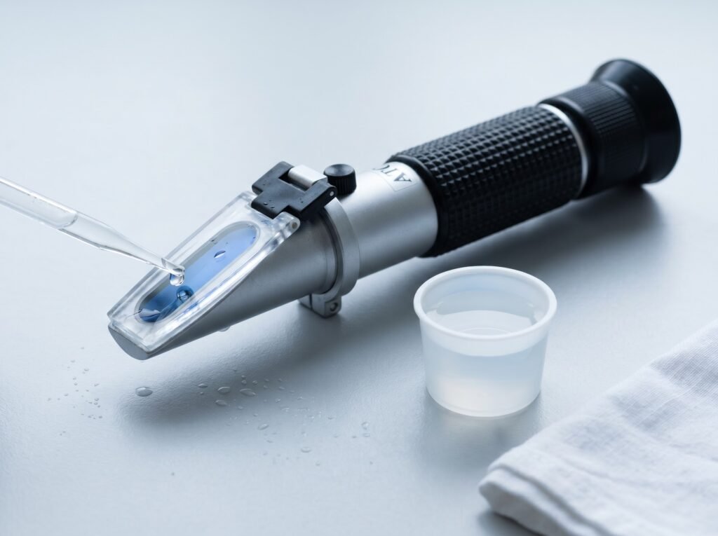 ATC optical refractometer for reef tank salinity testing beside water sample